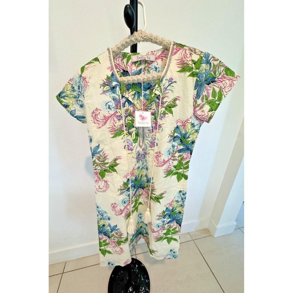 NWT Bella Tu Ivory & Floral Cotton Dress w/ Bead Embellishment Tunic Sz XS Boho